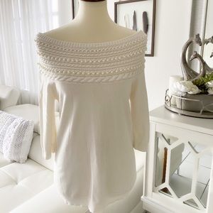Off White Faux-Pearl Off-Shoulder Winter Sweater